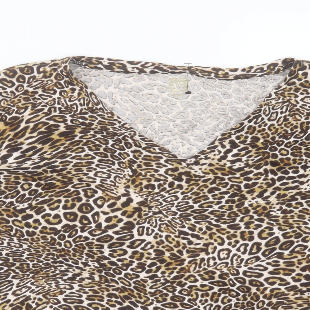 Anne Klein Womens Brown Animal Print Polyester Basic T-Shirt Size L V-Neck