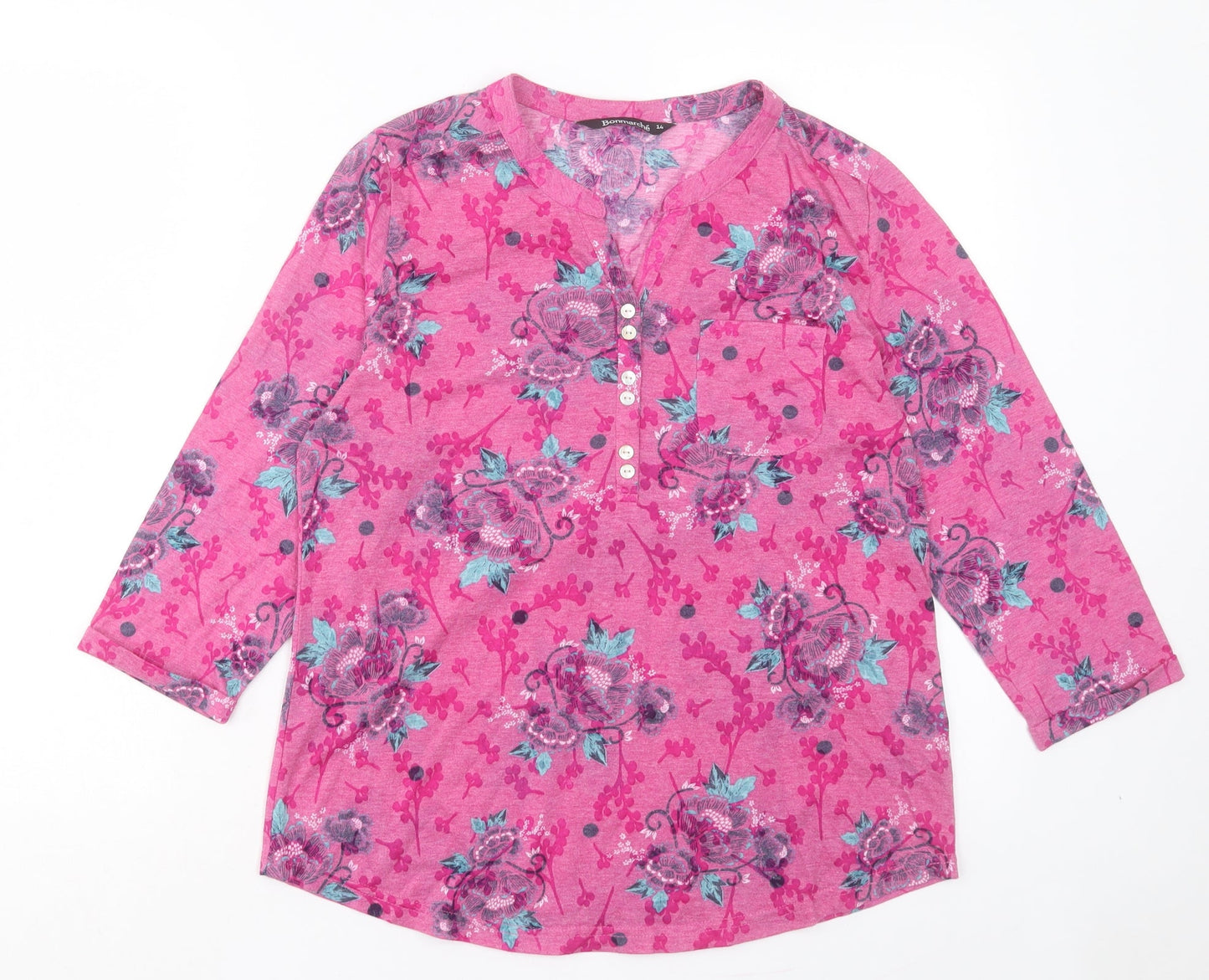 Bonmarché Womens Pink Paisley Polyester Basic T-Shirt Size 14 V-Neck - Pocket Detail