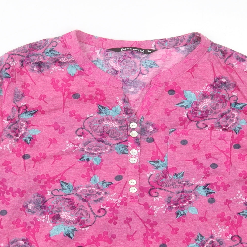 Bonmarché Womens Pink Paisley Polyester Basic T-Shirt Size 14 V-Neck - Pocket Detail