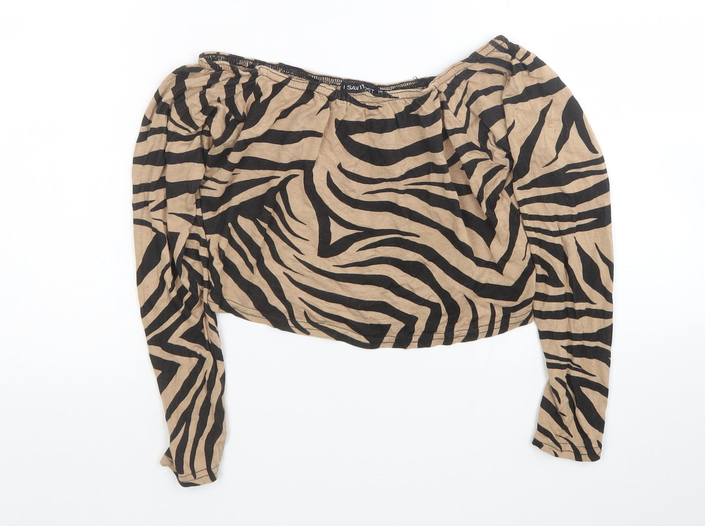 I SAW IT FIRST Womens Brown Animal Print Viscose Cropped Blouse Size 12 Off the Shoulder - Zebra Print