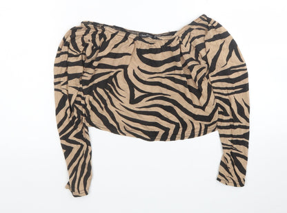 I SAW IT FIRST Womens Brown Animal Print Viscose Cropped Blouse Size 12 Off the Shoulder - Zebra Print