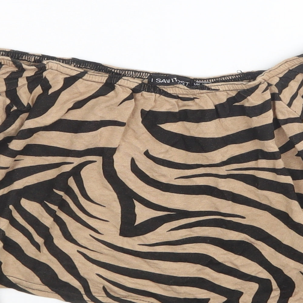 I SAW IT FIRST Womens Brown Animal Print Viscose Cropped Blouse Size 12 Off the Shoulder - Zebra Print