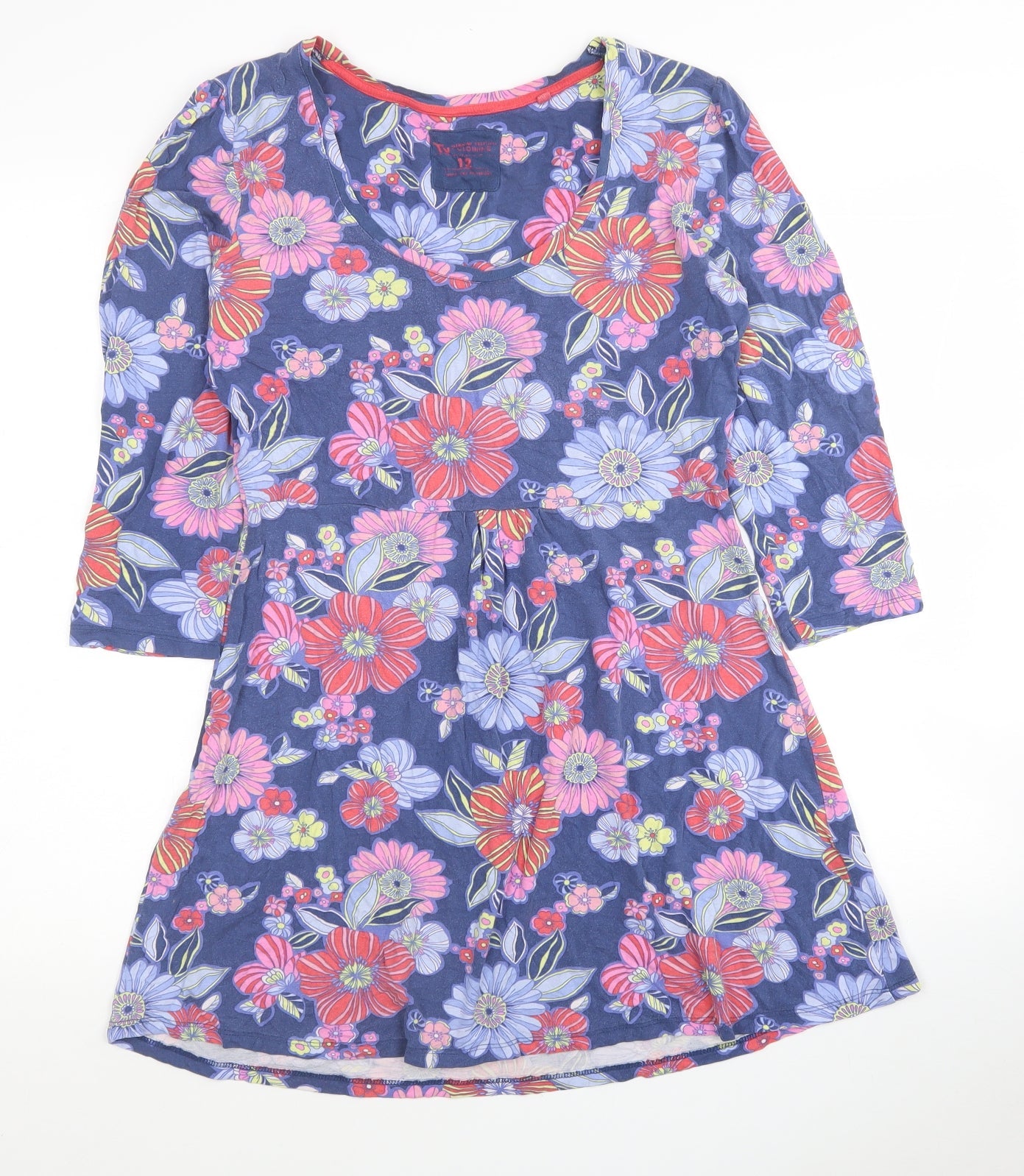 TU Womens Blue Floral Viscose Fit & Flare Size 12 Round Neck Pullover