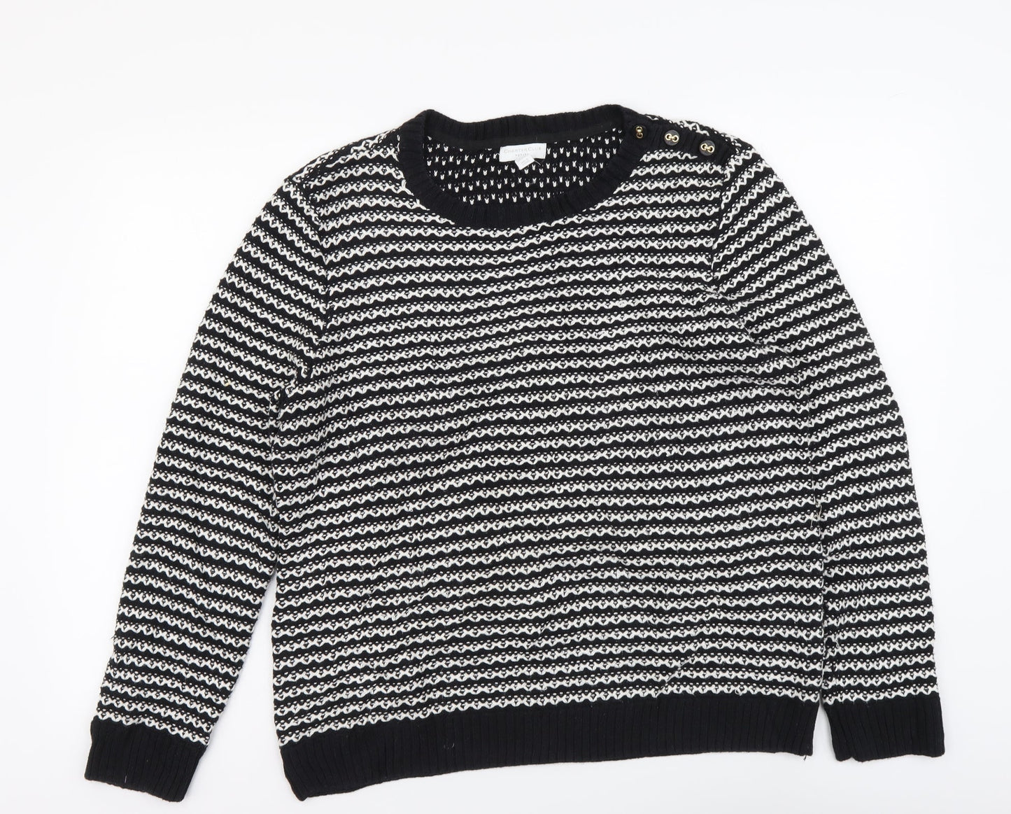 Charter Club Womens Black Round Neck Striped Acrylic Henley Jumper Size XL