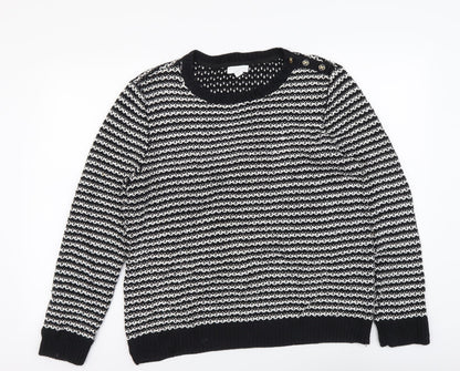 Charter Club Womens Black Round Neck Striped Acrylic Henley Jumper Size XL