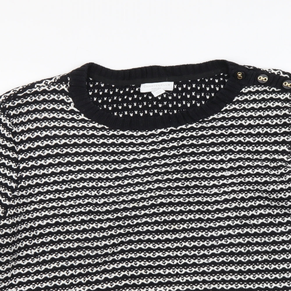 Charter Club Womens Black Round Neck Striped Acrylic Henley Jumper Size XL