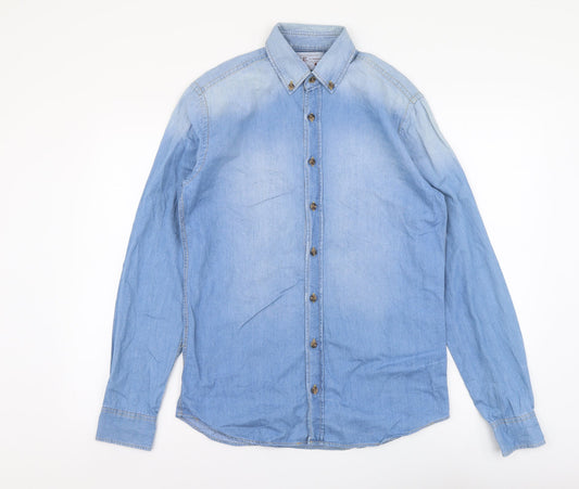 Mens UK Size S Mango Blue  Button-Up Long Sleeve Casual Shirt