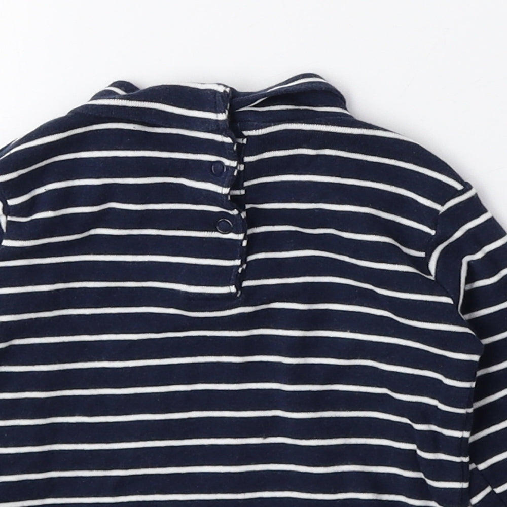 Vertbaudet Blue Striped 100% Cotton Basic T-Shirt Size 6-9 Months Roll Neck Snap