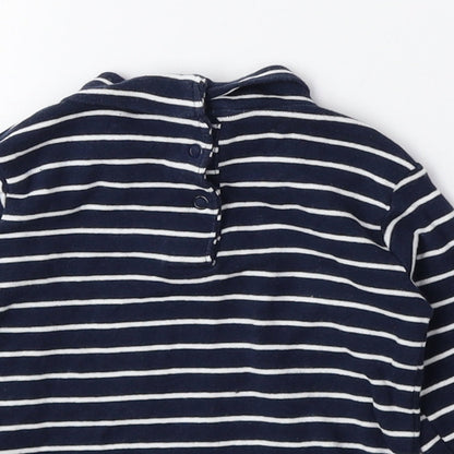 Vertbaudet Blue Striped 100% Cotton Basic T-Shirt Size 6-9 Months Roll Neck Snap