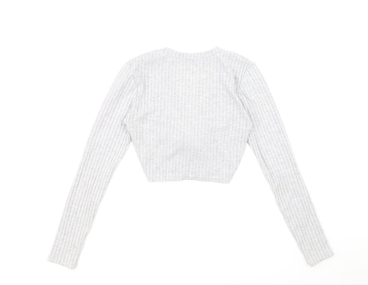 Stylewise Womens Grey V-Neck Polyester Pullover Jumper Size S - Ribbed fabric Ruched