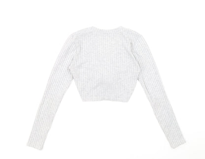 Stylewise Womens Grey V-Neck Polyester Pullover Jumper Size S - Ribbed fabric Ruched