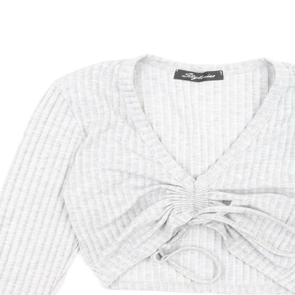 Stylewise Womens Grey V-Neck Polyester Pullover Jumper Size S - Ribbed fabric Ruched