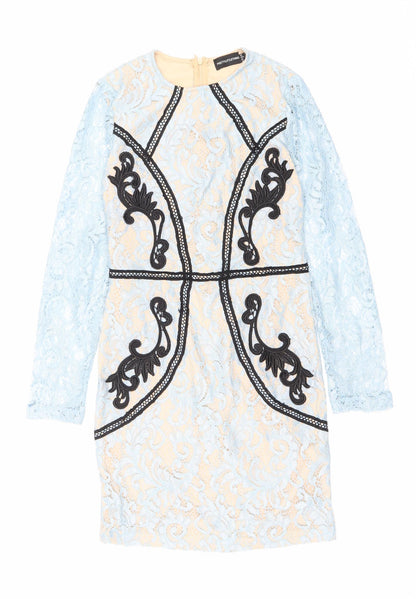 PRETTYLITTLETHING Womens Blue Geometric Polyester Pencil Dress Size 8 Round Neck Zip