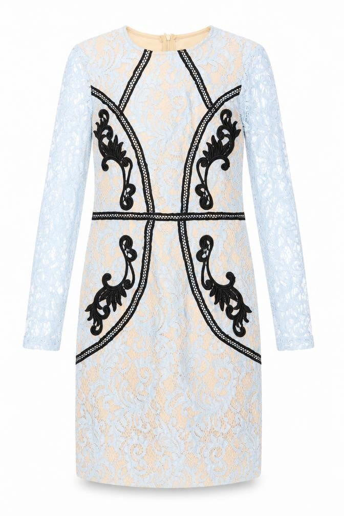 PRETTYLITTLETHING Womens Blue Geometric Polyester Pencil Dress Size 8 Round Neck Zip