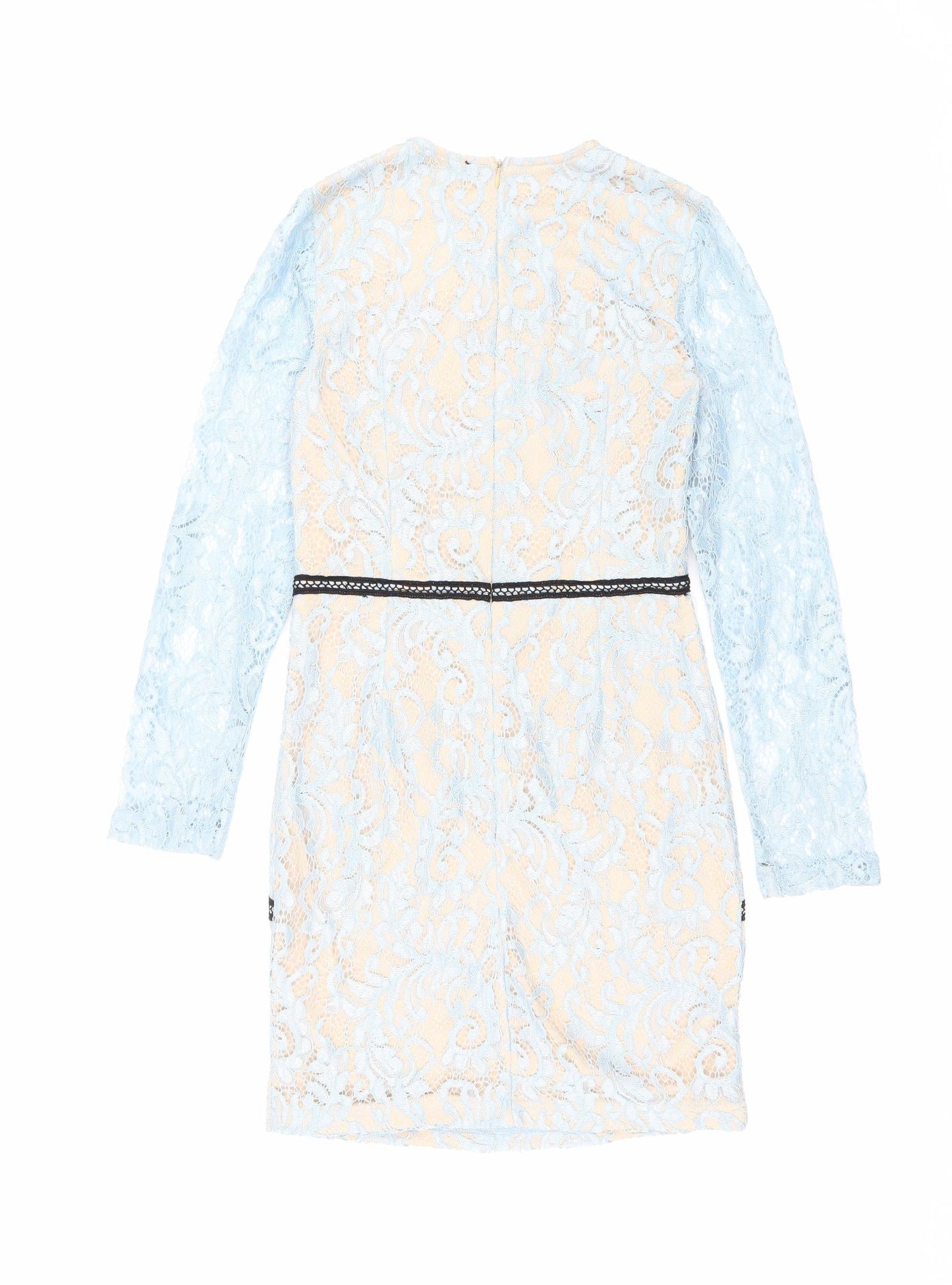 PRETTYLITTLETHING Womens Blue Geometric Polyester Pencil Dress Size 8 Round Neck Zip