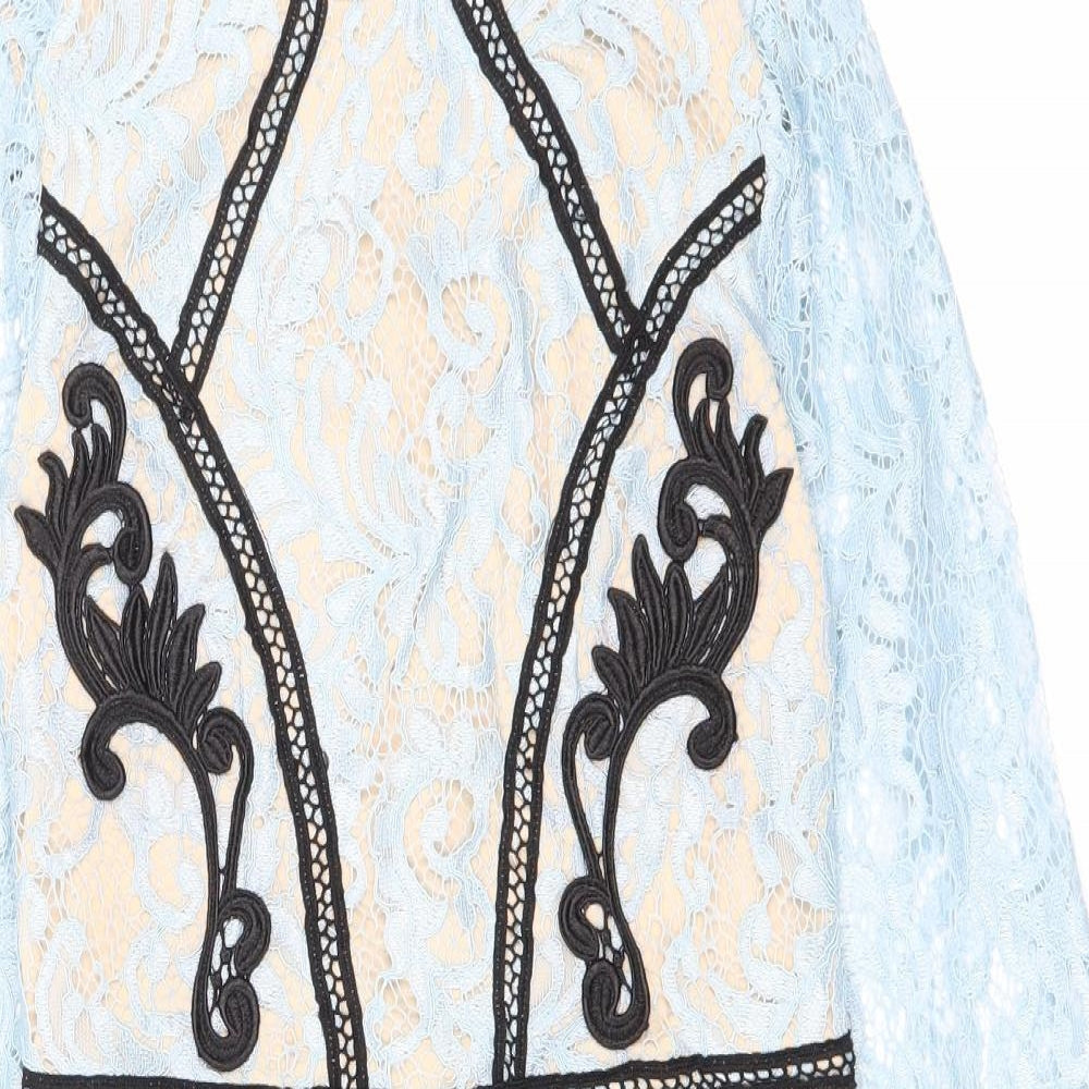 PRETTYLITTLETHING Womens Blue Geometric Polyester Pencil Dress Size 8 Round Neck Zip