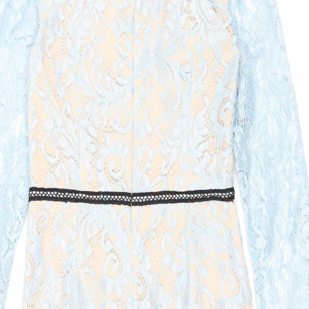 PRETTYLITTLETHING Womens Blue Geometric Polyester Pencil Dress Size 8 Round Neck Zip