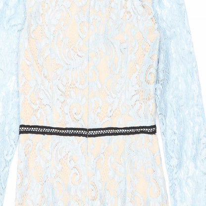 PRETTYLITTLETHING Womens Blue Geometric Polyester Pencil Dress Size 8 Round Neck Zip