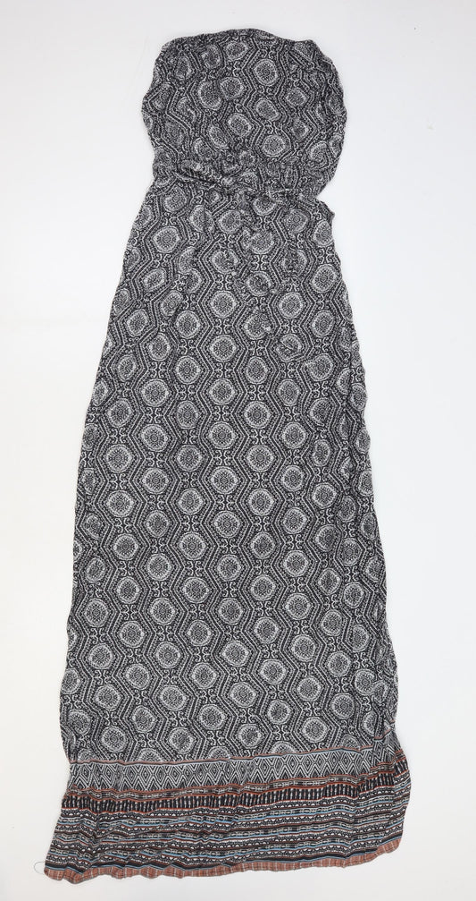 New Look Womens Black Geometric Viscose Maxi Size 8 Off the Shoulder Tie - Bandeau Dress