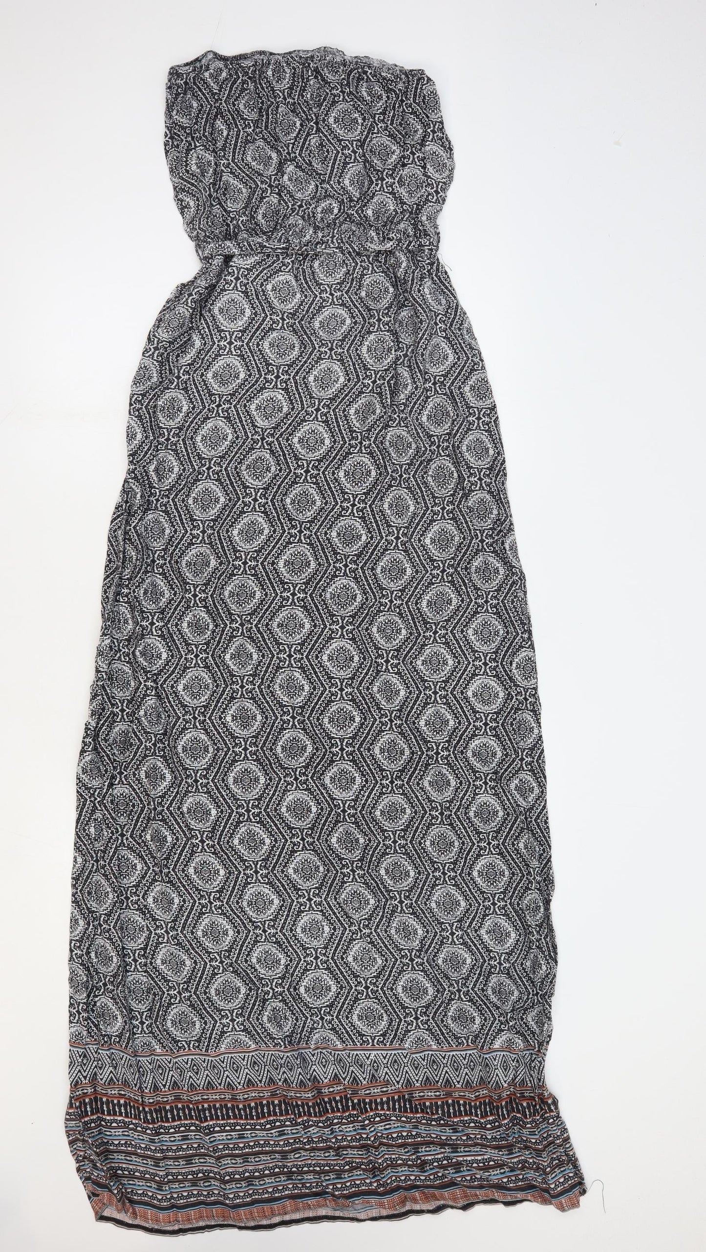 New Look Womens Black Geometric Viscose Maxi Size 8 Off the Shoulder Tie - Bandeau Dress