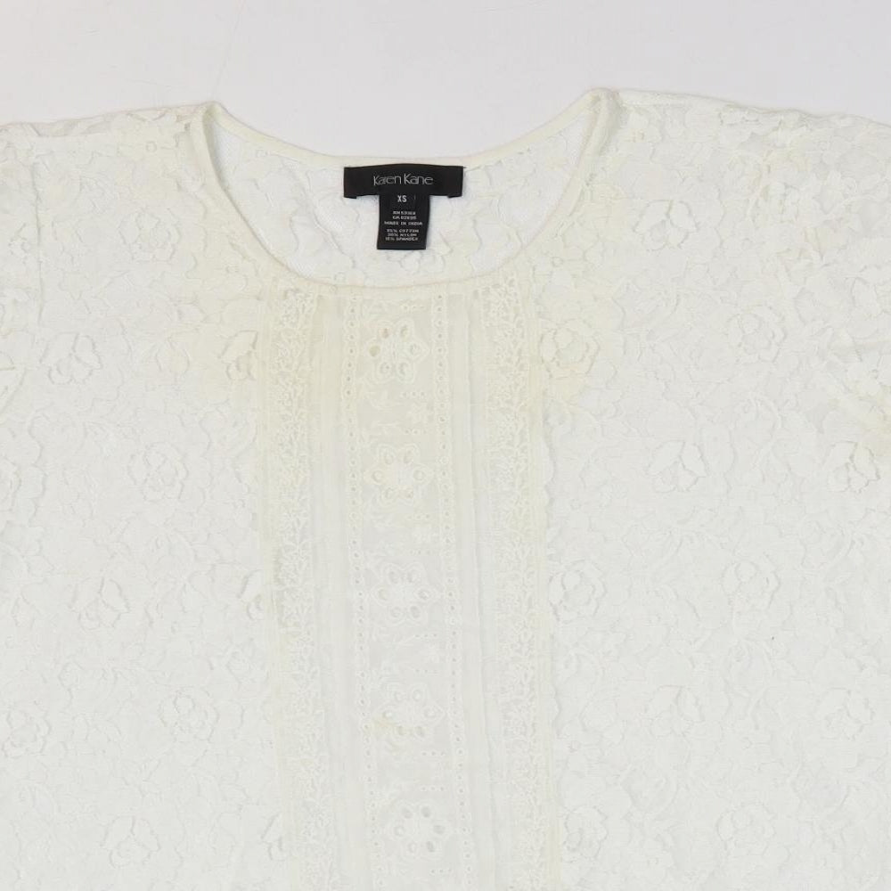 Karen Kane Womens White Floral Cotton Basic Blouse Size XS Round Neck
