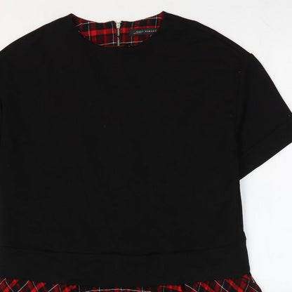 Zara Womens Black Plaid Cotton T-Shirt Dress Size S Round Neck Zip - Hanky Hem
