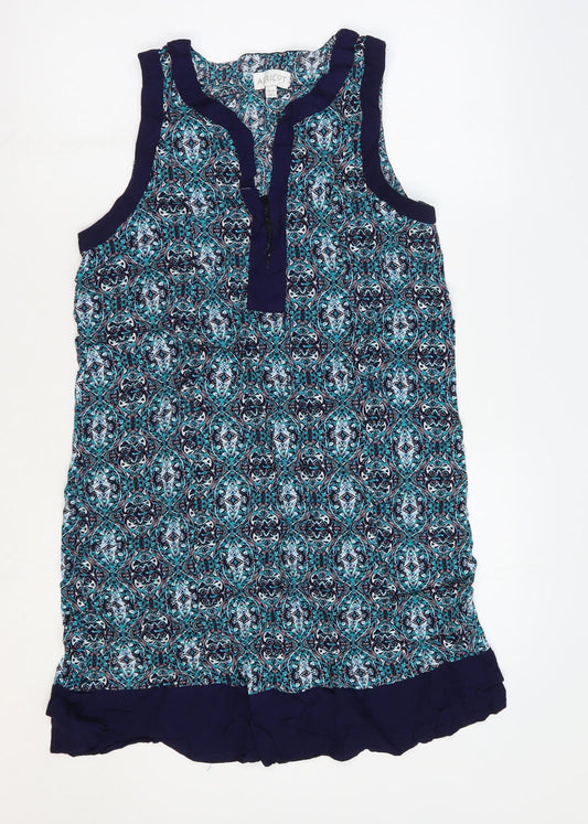 Apricot Womens Blue Geometric Viscose Shift Size 10 V-Neck Pullover