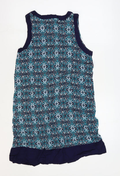 Apricot Womens Blue Geometric Viscose Shift Size 10 V-Neck Pullover