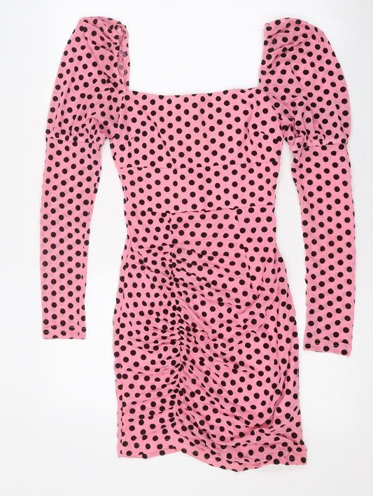 NaaNaa Womens Pink Polka Dot Polyester Bodycon Size 8 Square Neck Zip