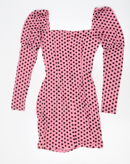 NaaNaa Womens Pink Polka Dot Polyester Bodycon Size 8 Square Neck Zip