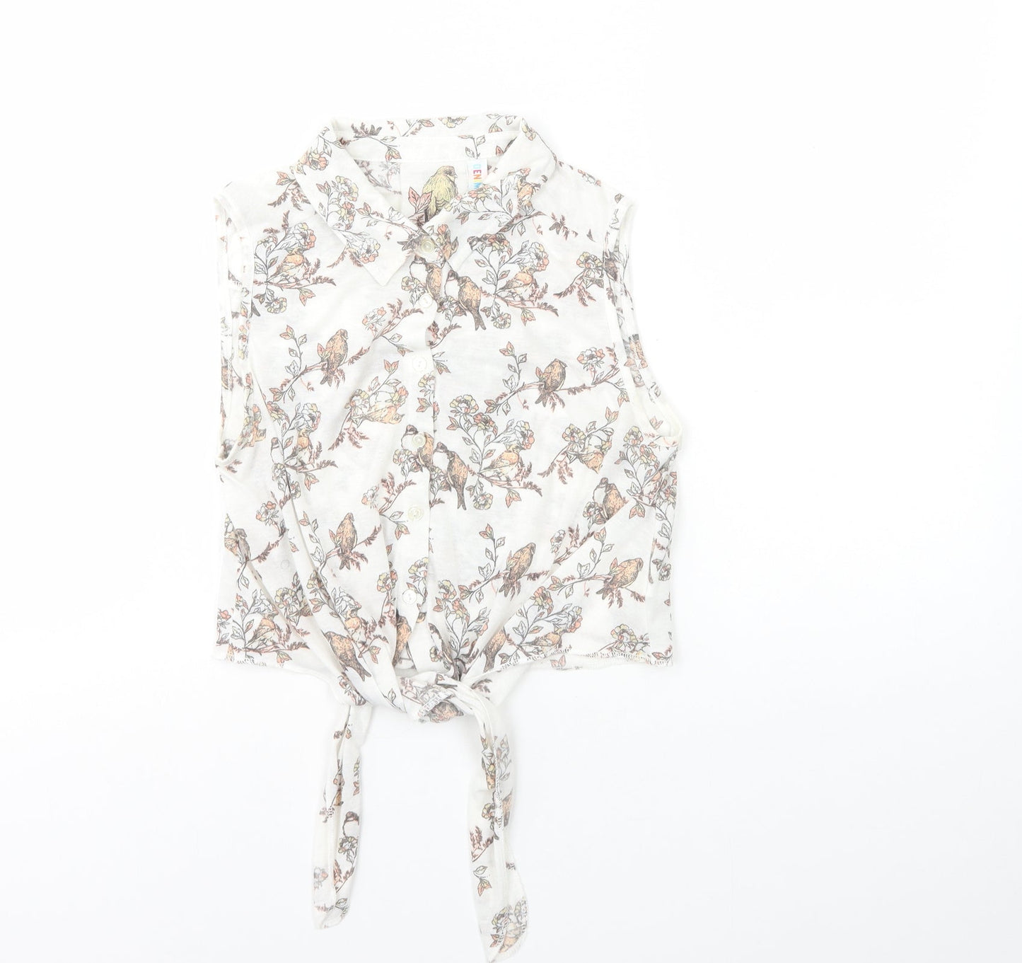 Denim & Co. Womens White Geometric Polyester Cropped T-Shirt Size 12 Collared - Tie Front