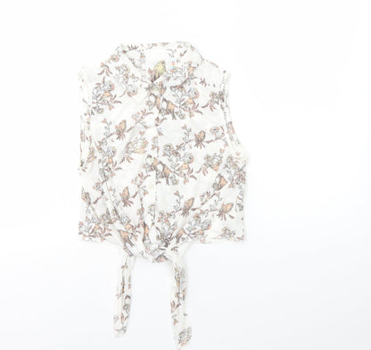 Denim & Co. Womens White Geometric Polyester Cropped T-Shirt Size 12 Collared - Tie Front