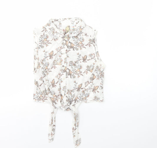 Denim & Co. Womens White Geometric Polyester Cropped T-Shirt Size 12 Collared - Tie Front