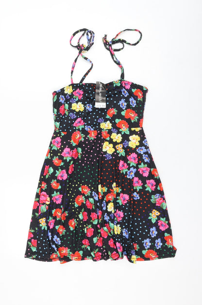 Select Womens Black Floral Polyester Skater Dress Size 6 Square Neck Tie