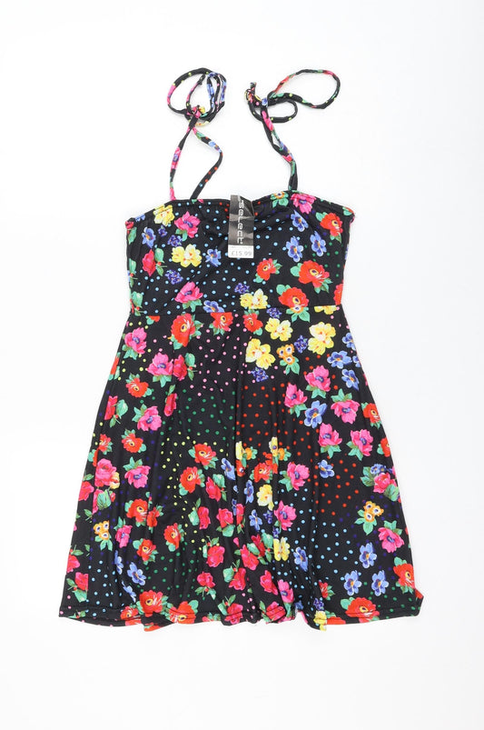 Select Womens Black Floral Polyester Skater Dress Size 6 Square Neck Tie
