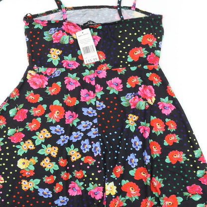 Select Womens Black Floral Polyester Skater Dress Size 6 Square Neck Tie