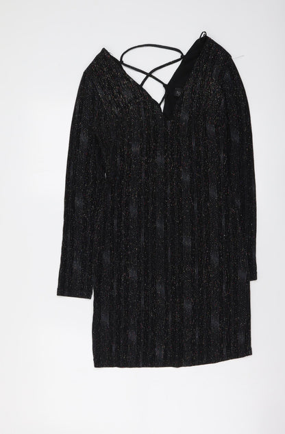 Topshop Womens Black Polyester Mini Size 8 V-Neck Pullover