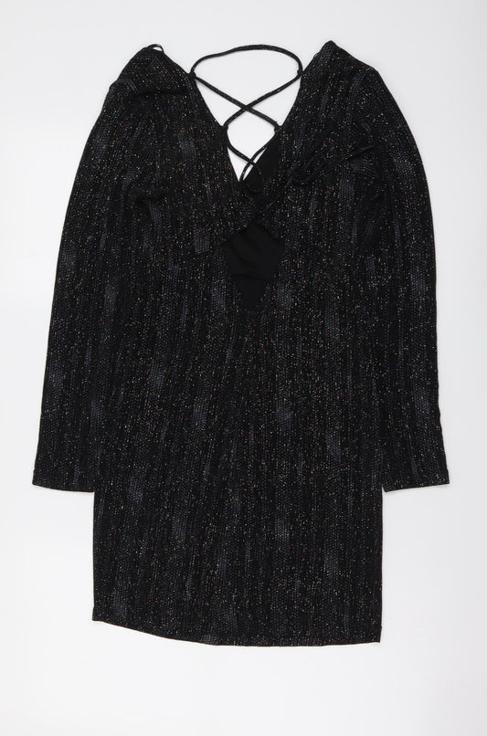 Topshop Womens Black Polyester Mini Size 8 V-Neck Pullover