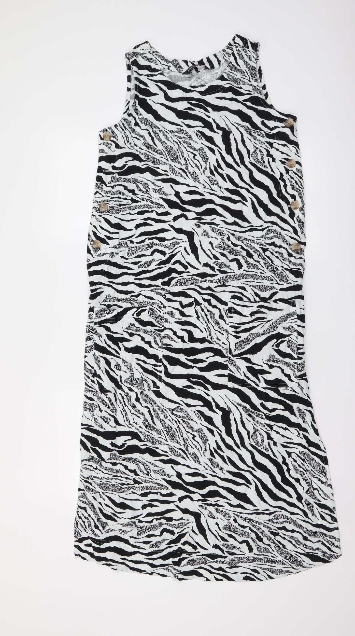 Marks and Spencer Womens White Animal Print Linen Tank Dress Size 6 Round Neck Pullover - Zebra pattern