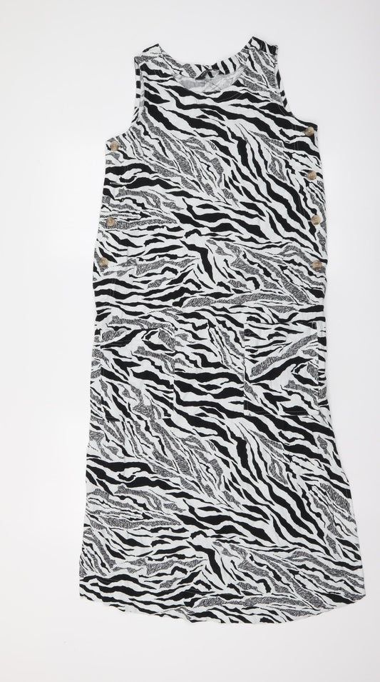Marks and Spencer Womens White Animal Print Linen Tank Dress Size 6 Round Neck Pullover - Zebra pattern