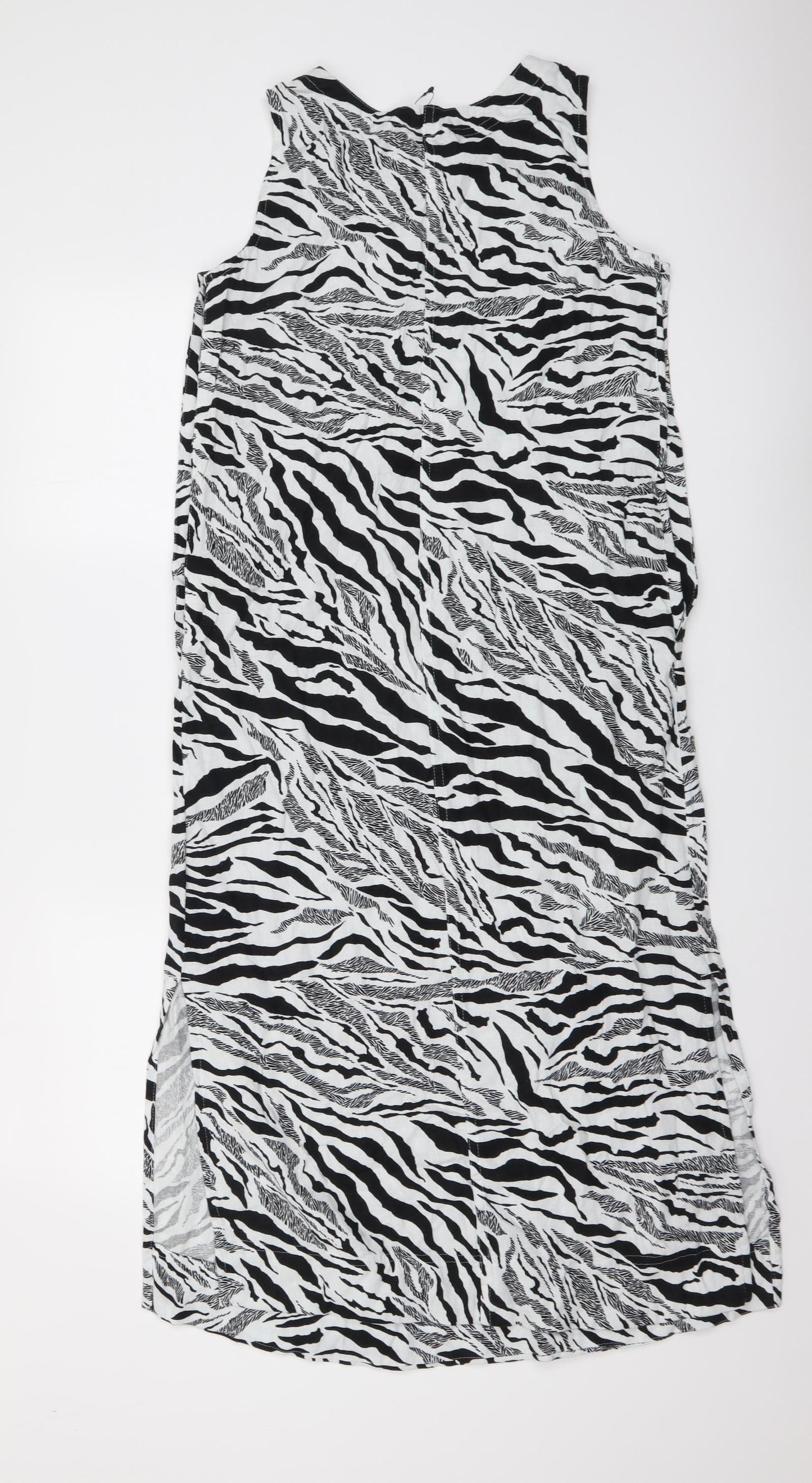 Marks and Spencer Womens White Animal Print Linen Tank Dress Size 6 Round Neck Pullover - Zebra pattern
