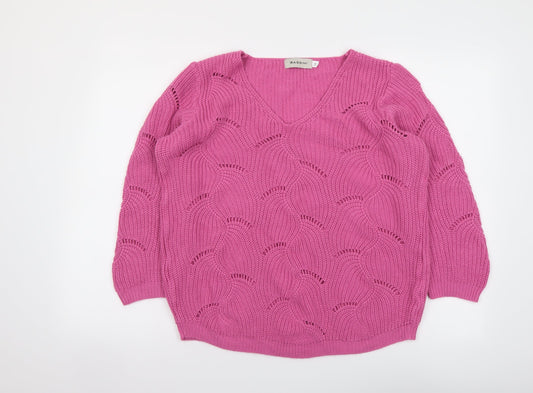 BASSINI Womens Pink V-Neck Acrylic Pullover Jumper Size M