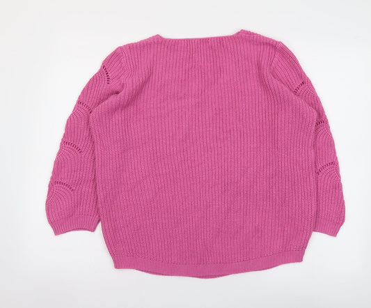 BASSINI Womens Pink V-Neck Acrylic Pullover Jumper Size M
