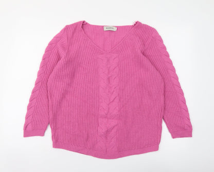 BASSINI Womens Pink V-Neck Acrylic Pullover Jumper Size L