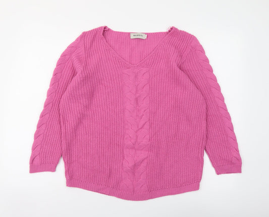 BASSINI Womens Pink V-Neck Acrylic Pullover Jumper Size L