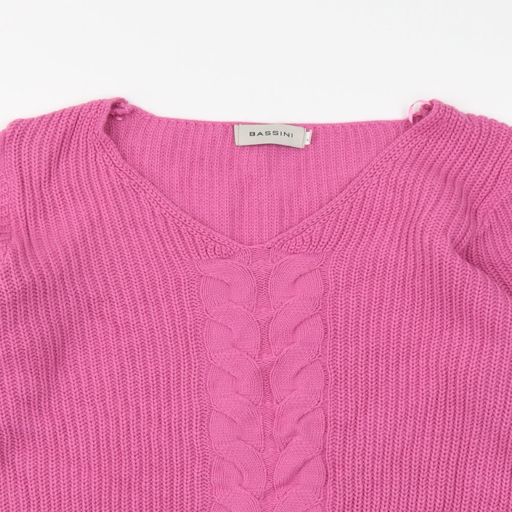 BASSINI Womens Pink V-Neck Acrylic Pullover Jumper Size L