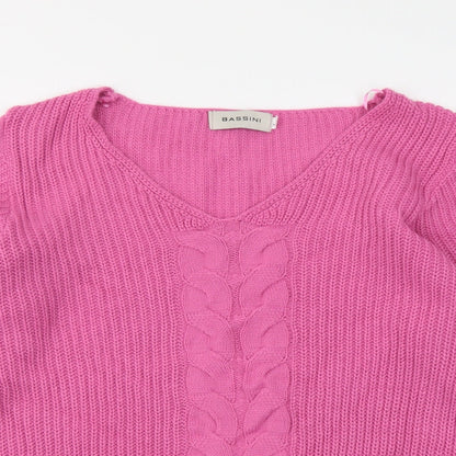 BASSINI Womens Pink V-Neck Acrylic Pullover Jumper Size L