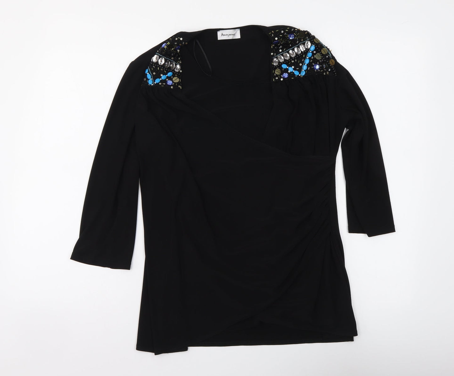 Anonymous Womens Black Polyester Basic Blouse Size 14 Round Neck