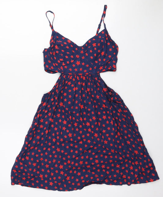 George Womens Blue Geometric Viscose A-Line Size 12 V-Neck Zip