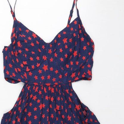 George Womens Blue Geometric Viscose A-Line Size 12 V-Neck Zip